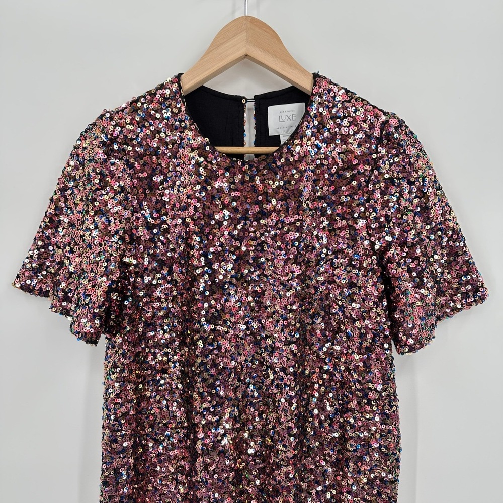 Seraphine Luxe Bambi Pink Sequin Shift Dress‎ Womens 6 Short Sleeve Mini NWT - Picture 3 of 10